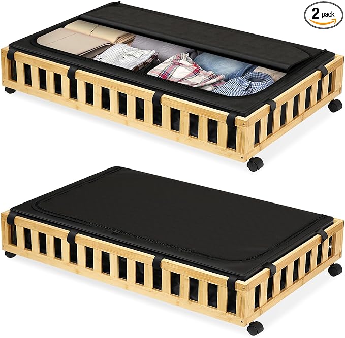 2 Pack Bamboo Under Bed Storage with Wheels, 39”x20”x7.8” Lager Under Bed Storage Containers (Natural)