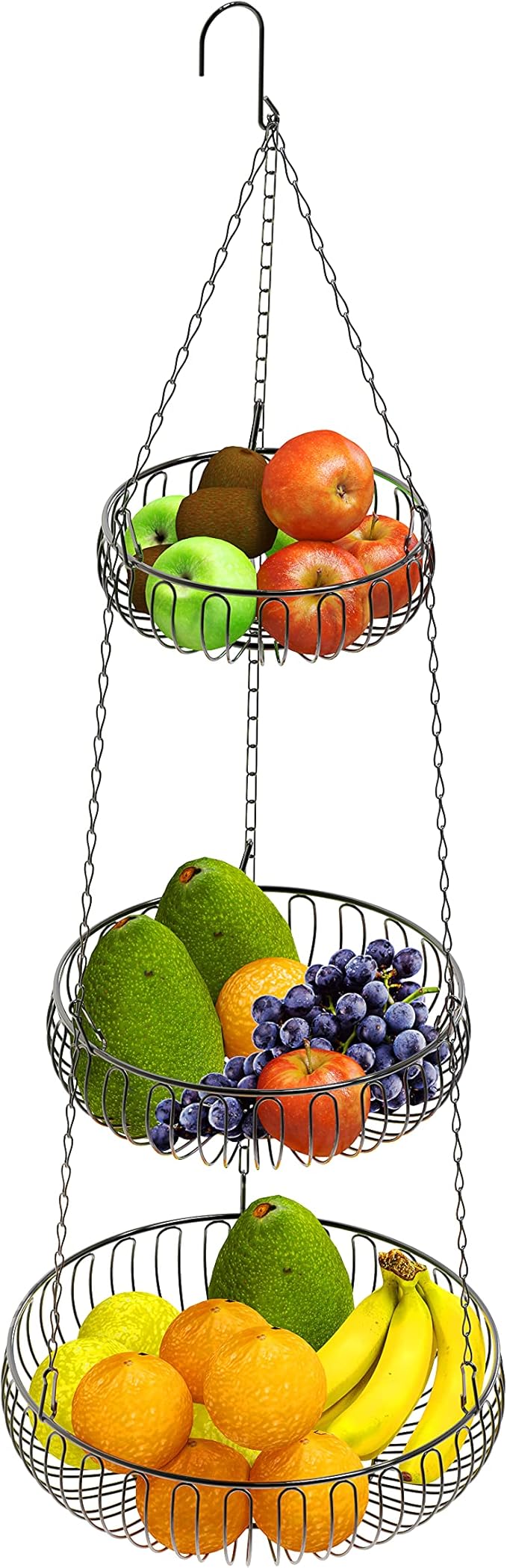 Simple Houseware Adjustable Metal Hanging Fruit Basket, Oblate, Black, 11" W x 11" L x 30" H