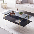 Rectangle Coffee Table for Living Room, Mid-Century Modern Design, L41 x W21 x H17, 2-Tier Structure, Clear Glass Top and Black Marble Wood Shelf, Conical Metal Legs with Gold Finish