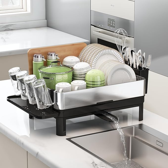BOOSINY Stainless Steel Dish Drying Rack, Dish Racks for Kitchen Counter, Rust Proof Dish Drainer and Drainboard Set, Small Dryer with Drainage, Utensil Holder and Cup Holder