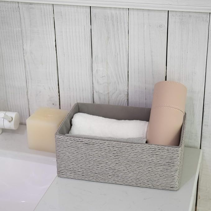 LA JOLIE MUSE Storage Baskets Set 4 - Stackable Woven Basket Paper Rope Bin, Storage Boxes for Makeup Closet Bathroom Bedroom (Gray)