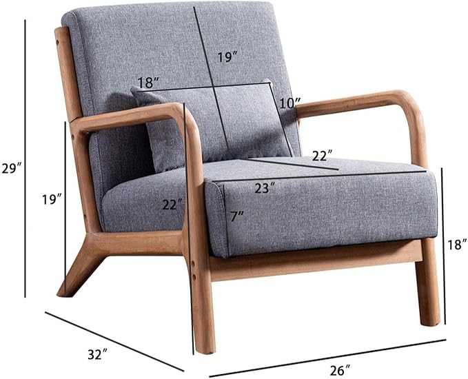 INZOY Mid Century Modern Accent Chair with Wood Frame, Upholstered Living Room Chairs with Waist Cushion, Reading Armchair for Bedroom Sunroom (Dark Grey)