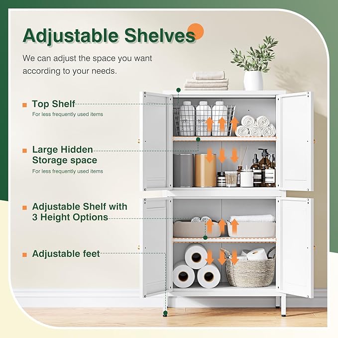 Letaya Storage Cabinet with Doors and Shelves,Small Freestanding Bathroom Floor Metal Cabinets -White