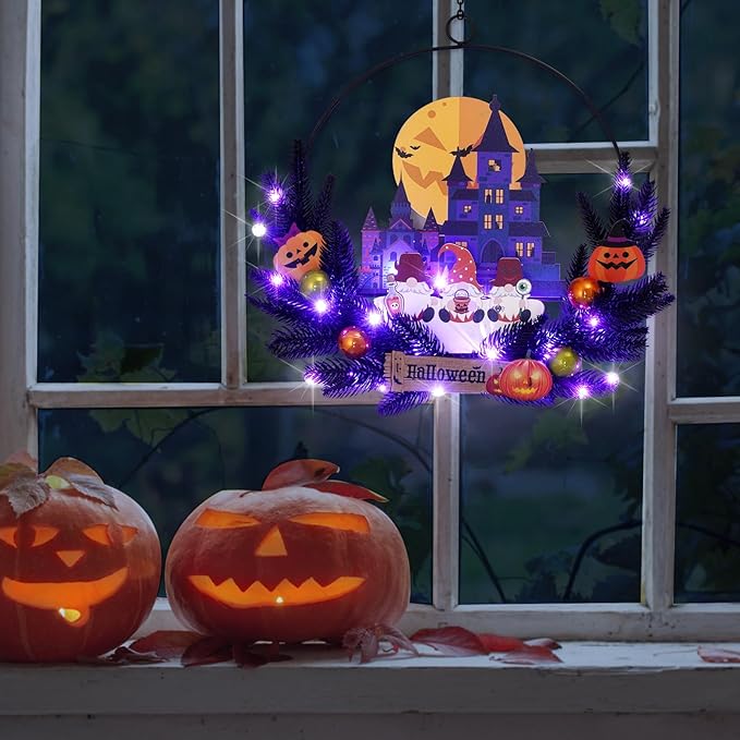 Lighted Halloween Wreaths for Front Door, Welcome Metal Wooden Door Wreath Decor Hanging Sign, 30 LED Lighted Wall Decor Battery Operated for Halloween Indoor Outdoor (Dwarf)