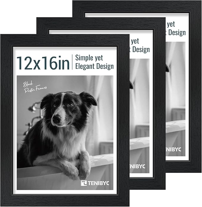 12x16 Picture Frame 3 pk - Textured Black Wood, HD Tempered Glass, Wall Gallery Picture Photo Frame