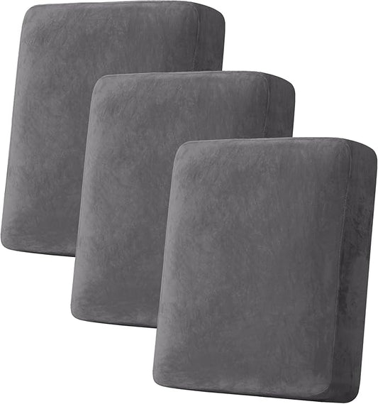 H.VERSAILTEX Velvet Stretch Couch Cushion Cover Plush Cushion Slipcover for Chair Loveseat Sofa Cushion Furniture Protector Seat Cushion Sofa Cover (3 Piece Sofa Cushion Covers, Grey)