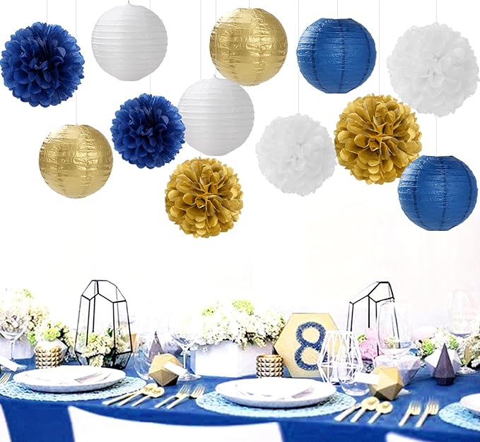 Navy-Blue Gold Party-Decorations Paper-Flowers Lanterns - 15PCS Royal White Baby Bridal Shower Tissue Pom Poms Streamers, Bachelorette Birthday Wedding Graduation Hanging Supplies Decor Hugfond