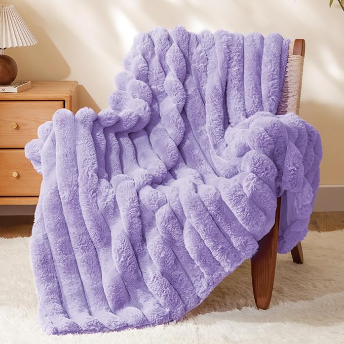 BEDELITE Faux Fur Throw Blanket for Couch, Soft and Cozy Luxurious 3D Striped Fluffy Blanket, 770GSM Thick Warm Plush Fuzzy Faux Rabbit Fur Blanket for Women Gift (Lavender, 50"x 60")