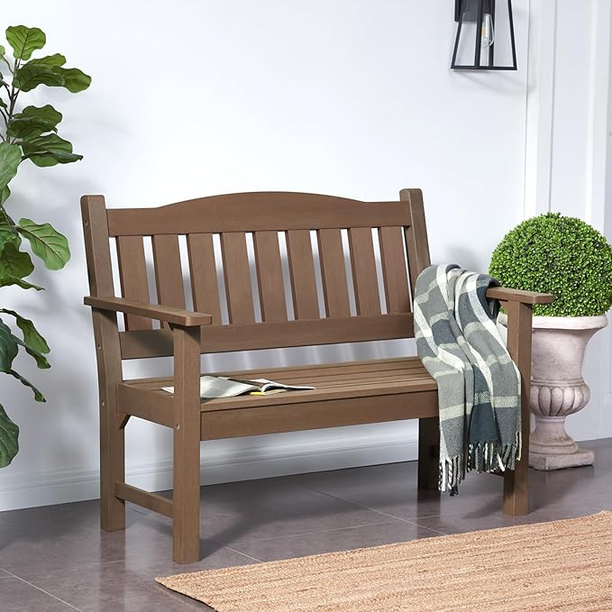 Psilvam 2-Person Outdoor Memorial Bench, All-Weather Poly Lumber Garden Bench, Rot-Resistant Outdoor Patio Bench for Park,Porch,and Church(Brown)