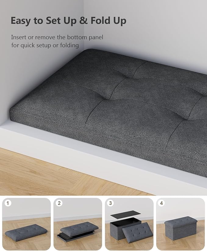 Storage Ottoman Bench, Folding Ottoman Foot Rest, 15 x 30 x 15 Inches, End of Bed Bench,Storage Chest, for Living Room, Bedroom, Hallway, Entryway, Dark Gray