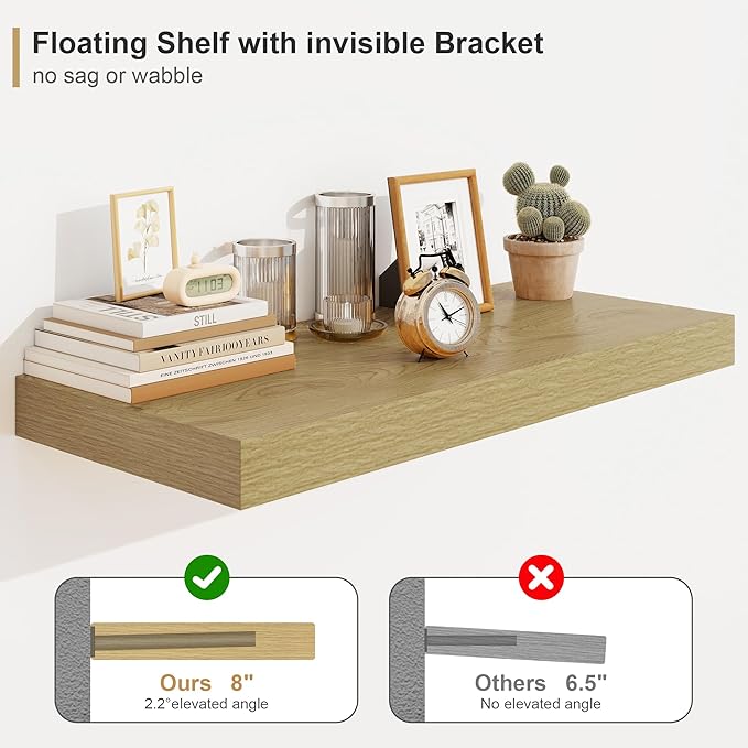 12" Deep Oak Floating Shelves,Over Toilet Long Wall Mounted Modern Farmhouse 36 inches,Wall Shelves with Invisible Brackets for Bedroom, Bathroom, Living Room, Kitchen, Set of 1
