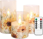 MELTONE Autumn Sunflower Flameless Candles Remote Real Wax Flickering Battery Operated Glass Candles - Home Party Bedroom Birthday Christmas Summer Fall Decorations