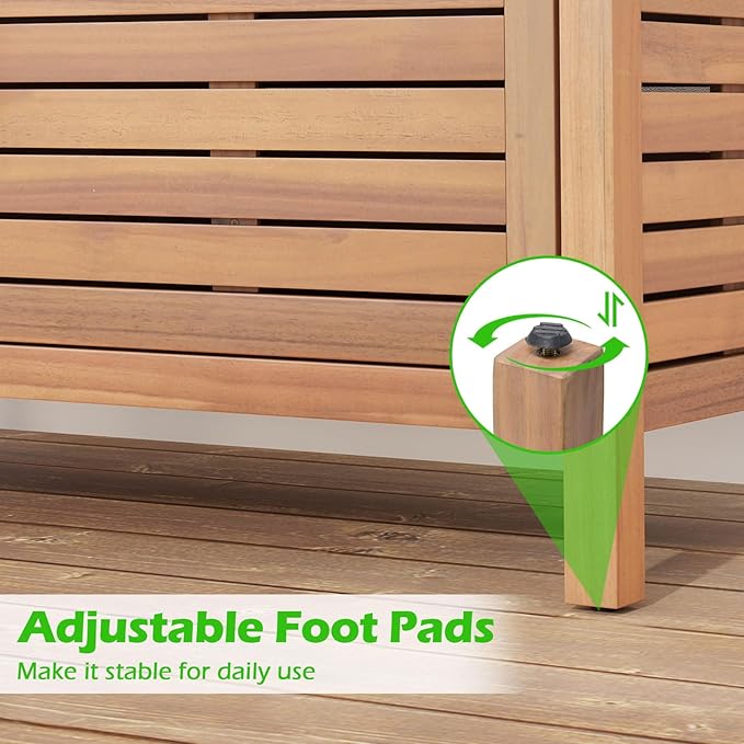 Goplus Patio Storage Cabinet, 2-Door Acacia Wood Storage Container with Faux Marble Top, Outdoor Wooden Sideboard for Deck, Garden, Lawn and Backyard