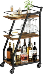 Bar Cart, 3-Tier Bar Cart for The Home, Home Bar Serving Cart with Glass Holders, Beverage Cart for Kitchen, Dining, Party Room, Rustic Brown and Black BC03BR