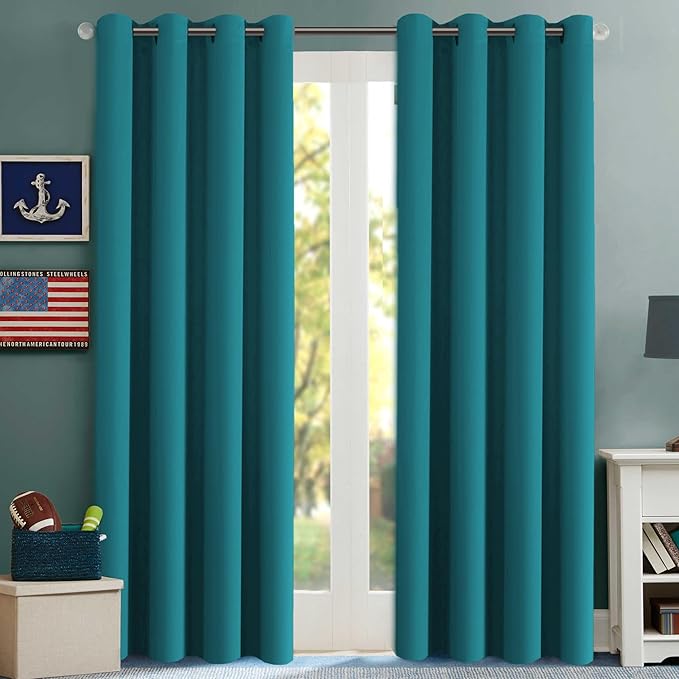 H.VERSAILTEX Blackout Thermal Insulated Solid Room Darkening Curtains/Panels/Drapes for Bedroom 108 Inches Long, Grommet Light Blocking Curtains for Sliding Glass Door, Turquoise Blue, Set of 2