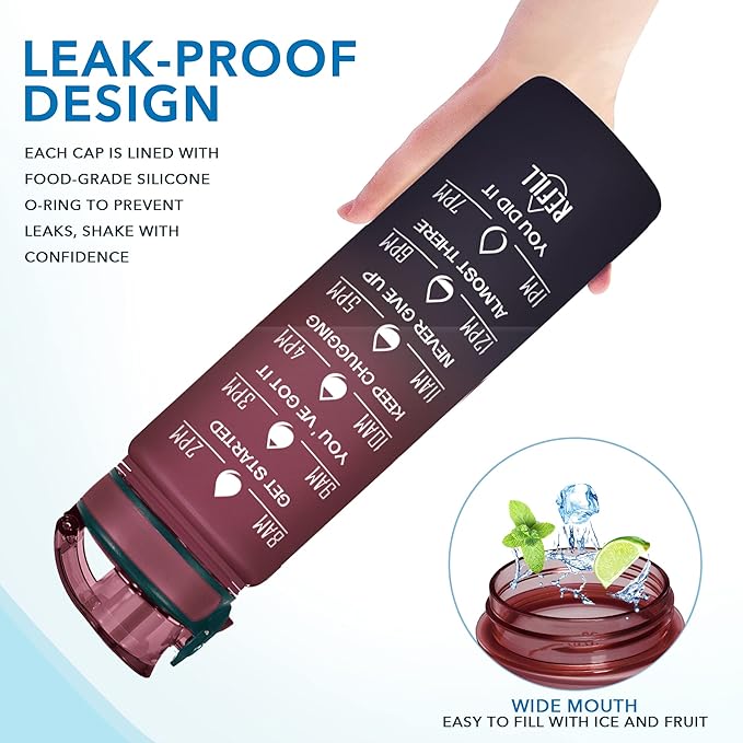 Enerbone Water Bottle, Leakproof BPA & Toxic Free, Motivational Water Bottle with Times to Drink and Straw, Fitness Sports Water Bottle with Strap for Office, Gym, Outdoor Sports