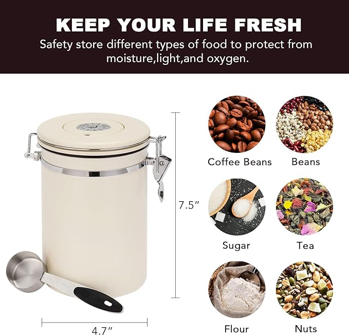 ShanSon Coffee Canister Airtight Coffee Container Stainless Steel Coffee Bean Storage Container with Scoop Coffee Canister for Beans Grounds Sugar Flour Tea Cereal,22OZ, Beige