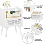 Lerliuo Rattan Nightstands Set of 2, Side Table with Drawer Open Shelf, Cane Accent Bedside End Table with Solid Wood Legs, Mid Century Modern Night Stand for Bedroom, Dorm and Small Spaces (White)