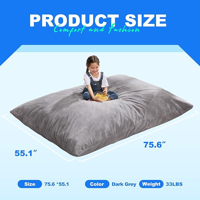 Hobestluk 3 in 1 Bean Bag Chair Giant Bean Bag Chairs for Adults with Chevron Plush Fur Cover Convertible Bean Bag Floor Cushion with Machine Washable Cover for Living Room (Plush Grey)
