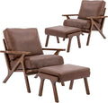 chairus 2 Sets Mid-Century Modern Accent Chairs with Ottoman, Faux Leather Armchair with Wood Legs Comfy Upholstered Single Sofa Chair for Living Room/Bedroom/Lounge, Brown