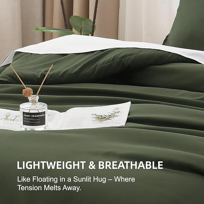 Litanika Comforters Olive Green Oversized Queen Size, 3 Pieces Lightweight Solid Bedding Comforter Set, All Season Fluffy Bed Set (98x98In Comforter & 2 Pillowcases)