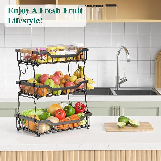 Giwil 3 Tier Countertop Fruit Basket for Kitchen, Vegetable Storage Bread Fruit Bowl Stand with 2 Banana Hooks, Wall Mounted Metal Wire Basket Organizer for Potato Onion, Black