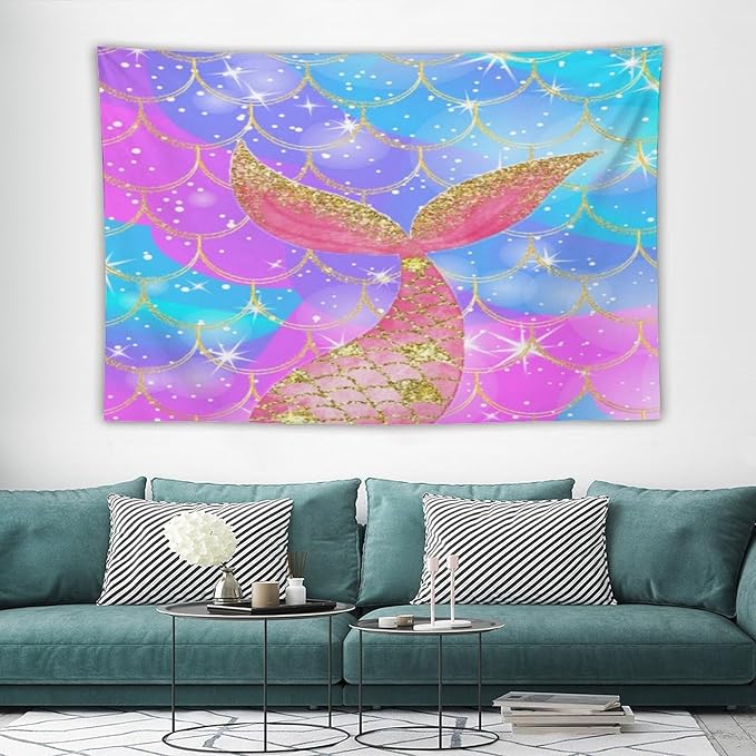 HZOHNAGO Mermaid Scales Tapestry Colorful Shiny Scales Mermaid Tail Pattern Printed Wall Tapestry Wall Hanging for Bedroom Living Room Dorm 90" W x 60" H
