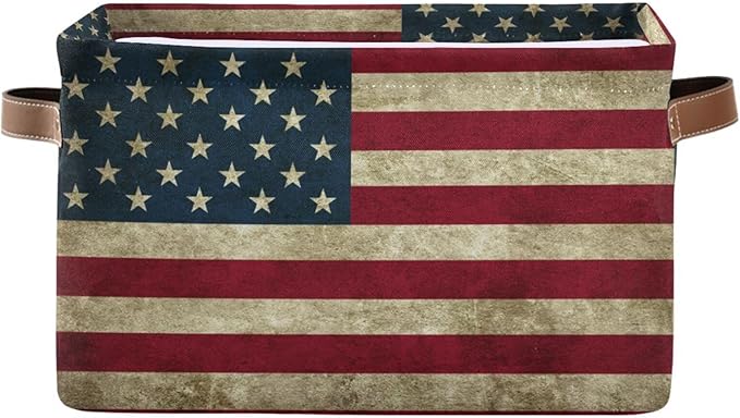 Storage Basket Bin Vintage Retro American Flag Organizer Basket Collapsible Shelf Basket Cube with handle for Nursery Bedroom Bathroom, one sizex1