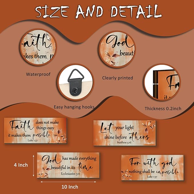 FENCORDAR 4 Pieces Orange Bathroom Decor Bible Verses Decor Wooden Orange Wall Decor Abstract Office Christian Wall Decor Religious Art for Women Office Home Bedroom Living Room Decor(10x4)