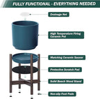 D'vine Dev Ceramic Planter with Walnut Color Stand - 12 Inch Modern Round Flower Pot with Wood Planter Holder, Teal, 55-B-W-4