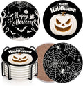 Coaster for Drinks Set of 6, Happy Halloween Pumpkin Spider Web Black Absorbent Round Ceramic Stone Mat, with Cork Base and Metal Holder, Gift for Housewarming Room Bar Decor