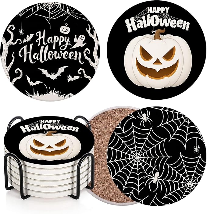 Coaster for Drinks Set of 6, Happy Halloween Pumpkin Spider Web Black Absorbent Round Ceramic Stone Mat, with Cork Base and Metal Holder, Gift for Housewarming Room Bar Decor