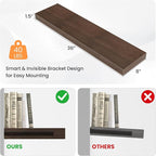 Floating Shelves for Wall, 36" W x 8" D x 1.5" H, Wooden Wall Mounted Display Shelves with Invisible Brackets for Living Room, Bedroom, Bathroom, Kitchen Decor and Storage, Set of 2, Walnut