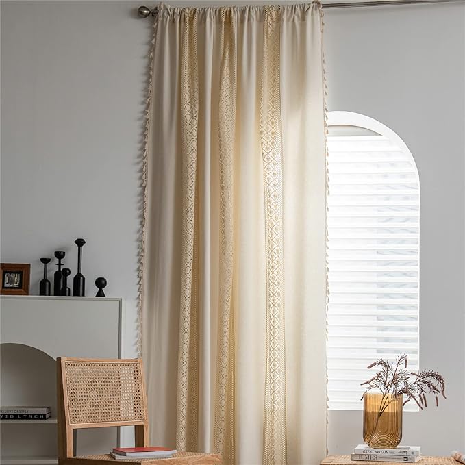 Sutuo Home Boho Curtain Crochet Dots Patchwork Semi-Blackout Bohemian Handmade Tassels, Rod Pocket Window Treatment Vintage Rustic Farmhouse Drapes for Living Bedroom, 1 Panel 59" W x 84" L, Beige