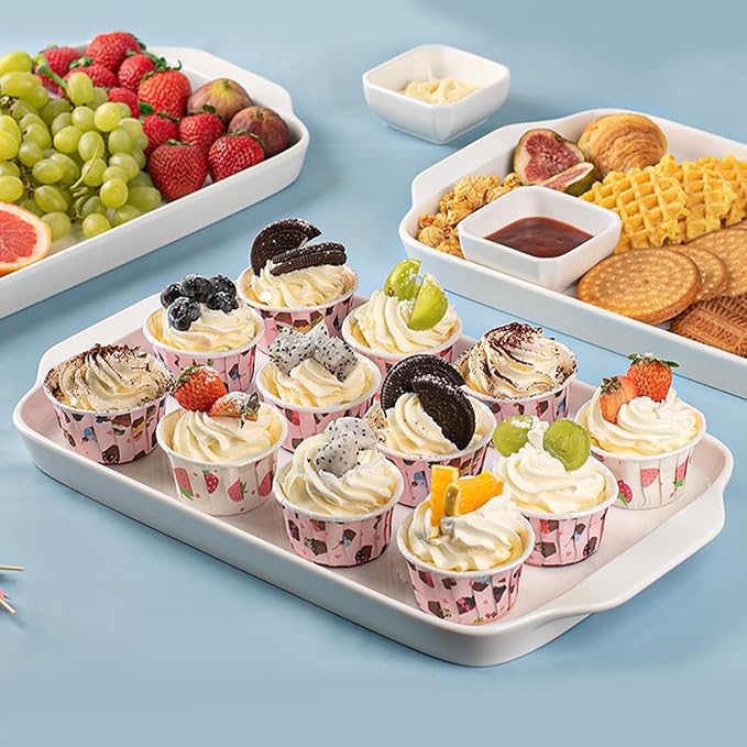 Dizada Large Serving Platter with Handles, 16" x 9" Porcelain Serving Tray, White Rectangular Platters for Entertaining & Serving Food, Serving Trays for Party, Appetizer, Charcuterie - Set of 3