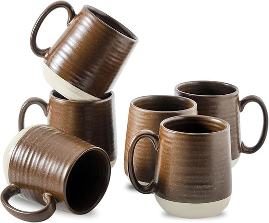 Hasense Porcelain Coffee Mugs Set of 6, 15 Ounce Large Ceramic Coffee Cups Set with Handle for Latte, Tea, Cocoa and Hot Chocolate, Brown Coffee Mugs for Men and Women, Microwave Safe
