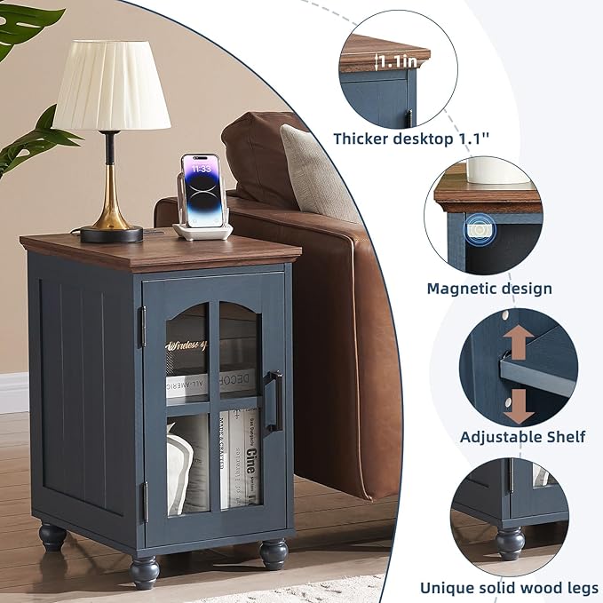Narrow Side Table,Farmhouse Nightstand with Charging Station,Wood End Table with Glass Barn Door Storage, Cabinet Organizer with Adjustable Shelf, Night Stand for Small Spaces for Living Room Bedroom