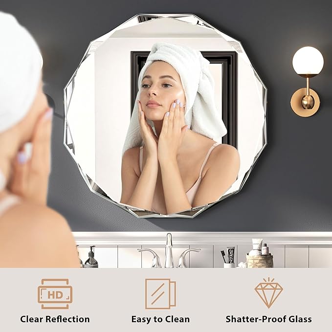 Bathroom Mirrors for Over Sink, Round Frameless Mirrors for Wall, 24x24 Inch Beveled Bathroom Mirror, Bathroom Vanity Circle Mirror for Bedroom Living Room Entryway Home Decor