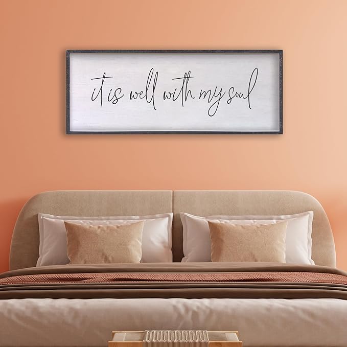It Is Well With My Soul Wall Decor 32"x12" Bible Verse Christian Scripture Wood Framed Art Sign for Master Bedroom Living Room(Black)