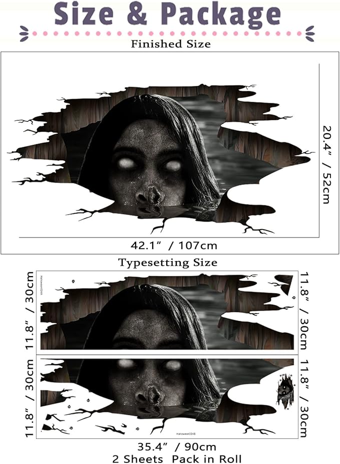 3D Halloween Floor Decals Scary Halloween Zombie Stickers for Living Room, Spooky Blind Women Scratching Floor Stickers Vinyl Removable Decals Art Decorations Party Supplies for Bar Pub