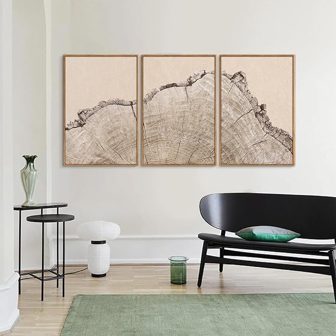 SIGNINART Large Tree Ring Framed Canvas Wall Art Set, Rustic Beige Wooden Wall Decor, Neutral Nature Wood Stump Artwork, Modern Art Prints for Bedroom Living Room Office 24"x36"x3