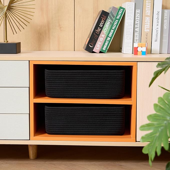 Large Shallow Organizing Baskets 15x11x5.1 Inches - Rope Woven Storage Bins for Bathroom, Shelves, Cube Closet, Black 2 Packs