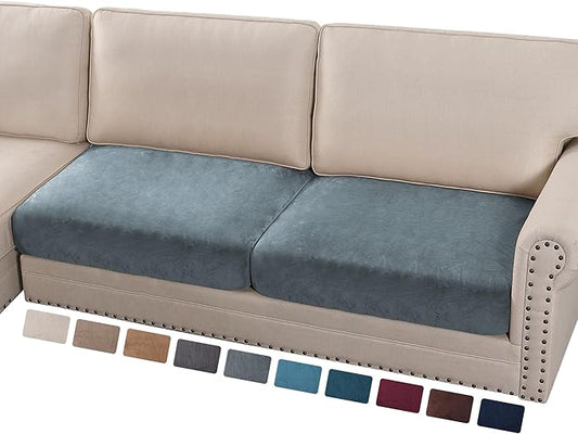PrinceDeco Velvet Couch Cushion Cover Soft Stretch Cushion Slipcover for Chair Loveseat Sofa Cushion Furniture Protector Seat Cushion Sofa Cover (2 Piece Large Sofa Cushion Covers, Stone Blue)