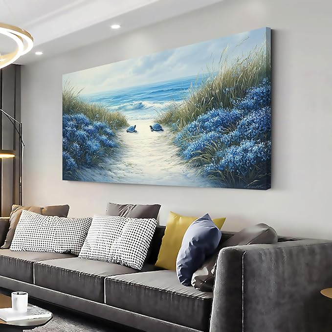LASMOND Romantic Beach Wall Art for Living Room Blue Sea Turtle Lovers Canvas Painting Prints Ocean Sandy Romance Flowers Large Bedroom Office Decor Artwork (58x28 Inches)
