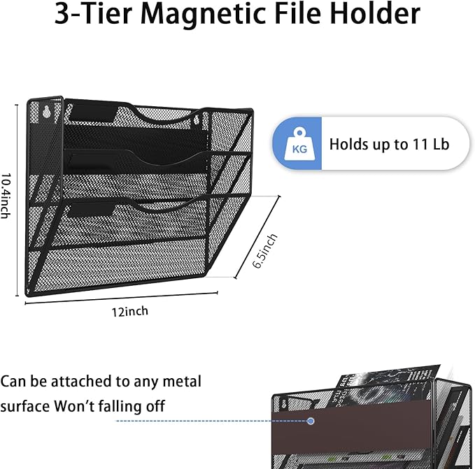 3-Tier Magnetic File Holder, No Drilling Installation File Cabinet Organizer, Black Magnetic File Organizer, Magazine Rack, Magnetic Paper Holder for Refrigerator, File Cabinets, Whiteboard