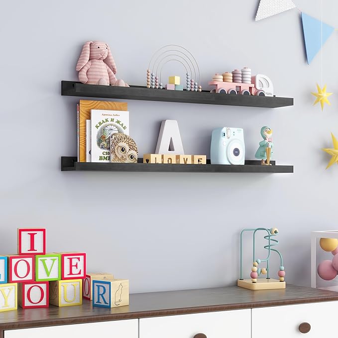 Picture Ledge Shelf for Wall, 36 inch Solid Pine Wood Nursery Book Shelves 2 Packs, Floating Ledge Shelves for Kids' Room Bedroom Bathroom Living Room Photo Frames Office Nursey Wall Decor, Black