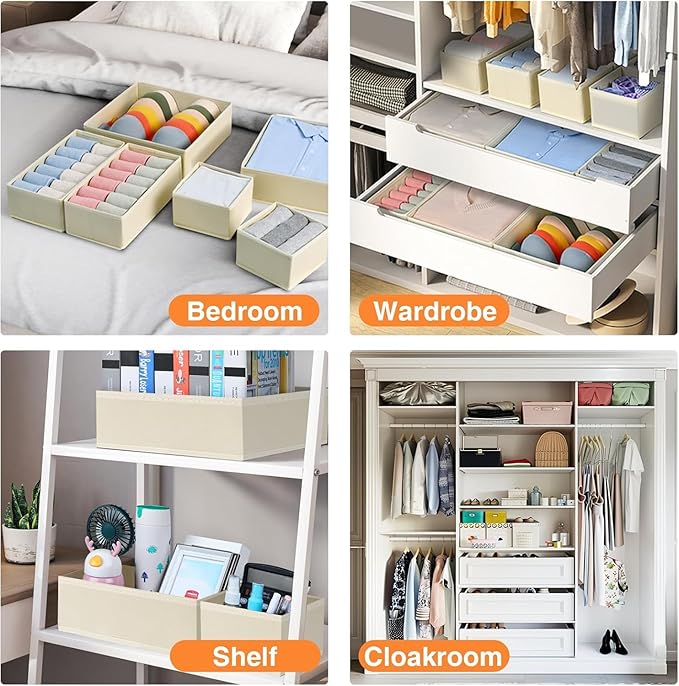 DIMJ Drawer Organizer Clothes 12 Pack - Foldable Baby Organizers and Storage & Dresser Organizer for Bedroom, Closet - Nursery Organization Dresser Dividers for underwear, Sock,Bra, Belt, Tie, Beige