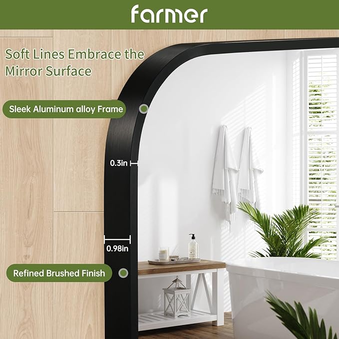 FARMER 24x32 Inch Black Bathroom Mirror, Rectangle Vanity Mirror, Brushed Mirrors for Wall, Metal Frame Hanging Mirror with Round Corner for Bedrooms, Entryways, Living Rooms, Horizontal/Vertical