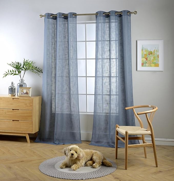 MIUCO Semi Sheer Curtains Poly Linen Textured Solid Grommet Curtains 95 Inches Long for French Doors 2 Panels (2 x 37 Wide x 95" Long) Dusty Blue