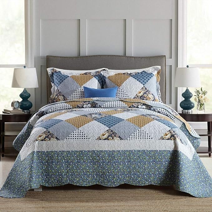 NEWLAKE Quilt Bedspread Sets-Checkered Floral Reversible Coverlet Set,Queen Size